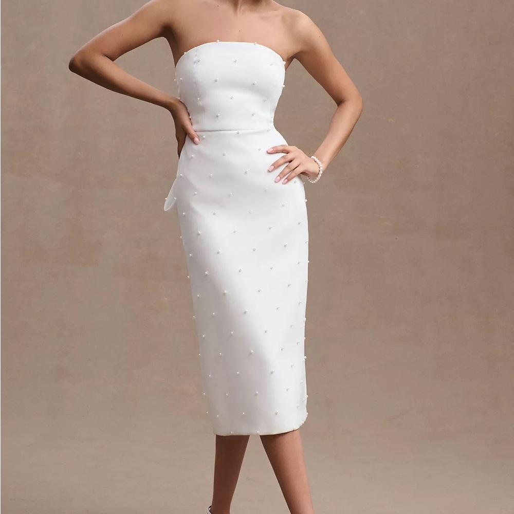 Sachin & Babi Gemma Strapless Back-Bow Pearl Midi Dress